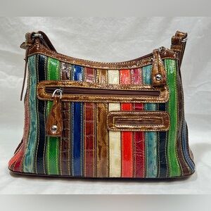 Marc Chantal MC Kirstin Multi Colored Croco Embossed Stripes Leather Hobo Bag